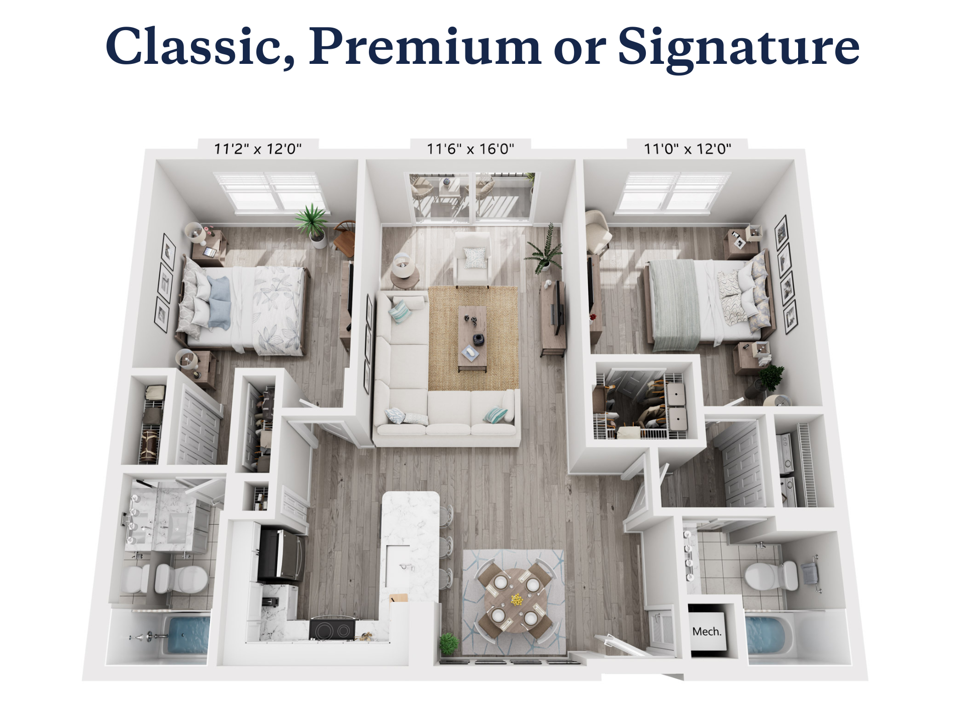 Floor plan for 2 beds, 2 baths, 1120 sqft